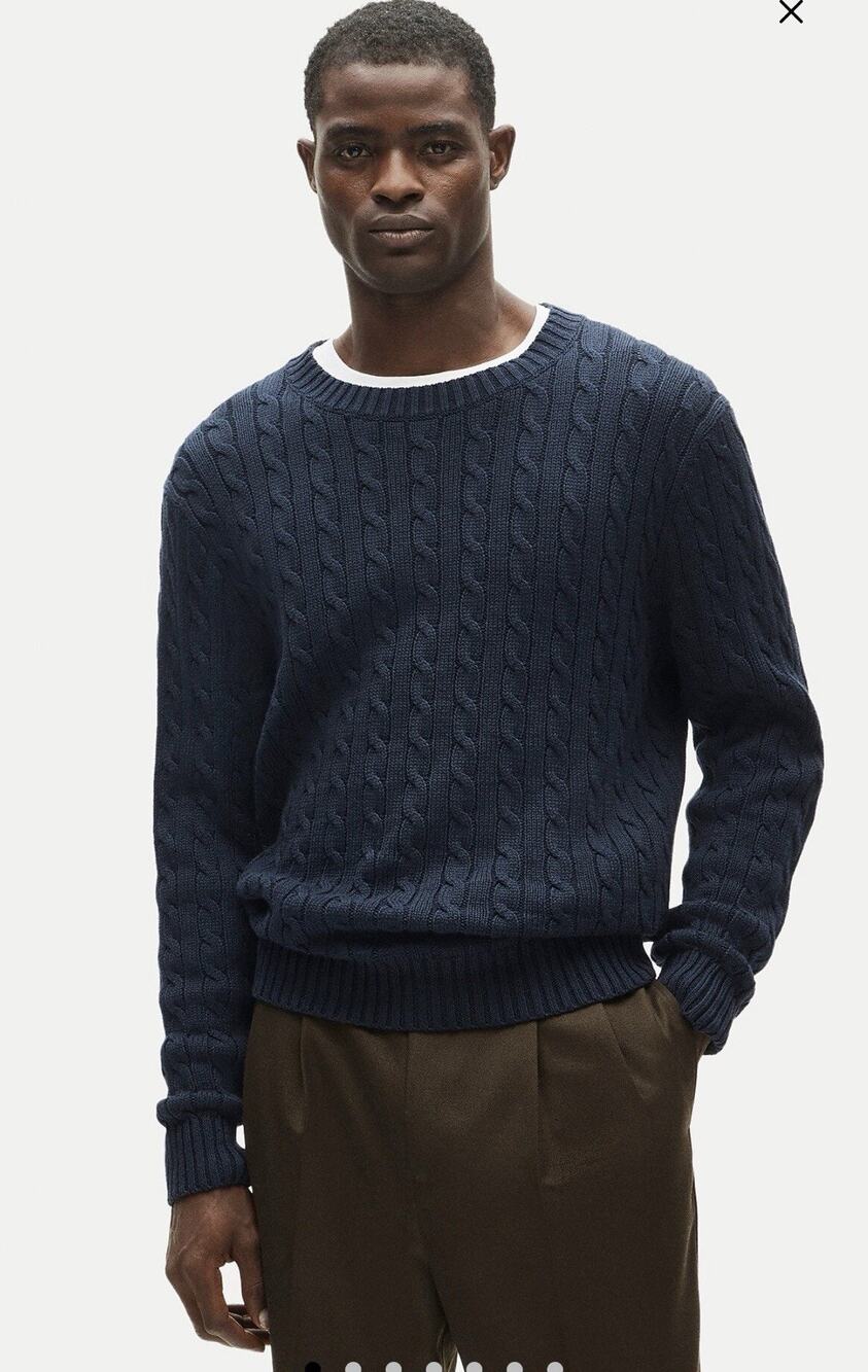 J. Crew Cotton Sweater Mens L Navy Blue Cable Knit Crewneck Fisherman Heritage